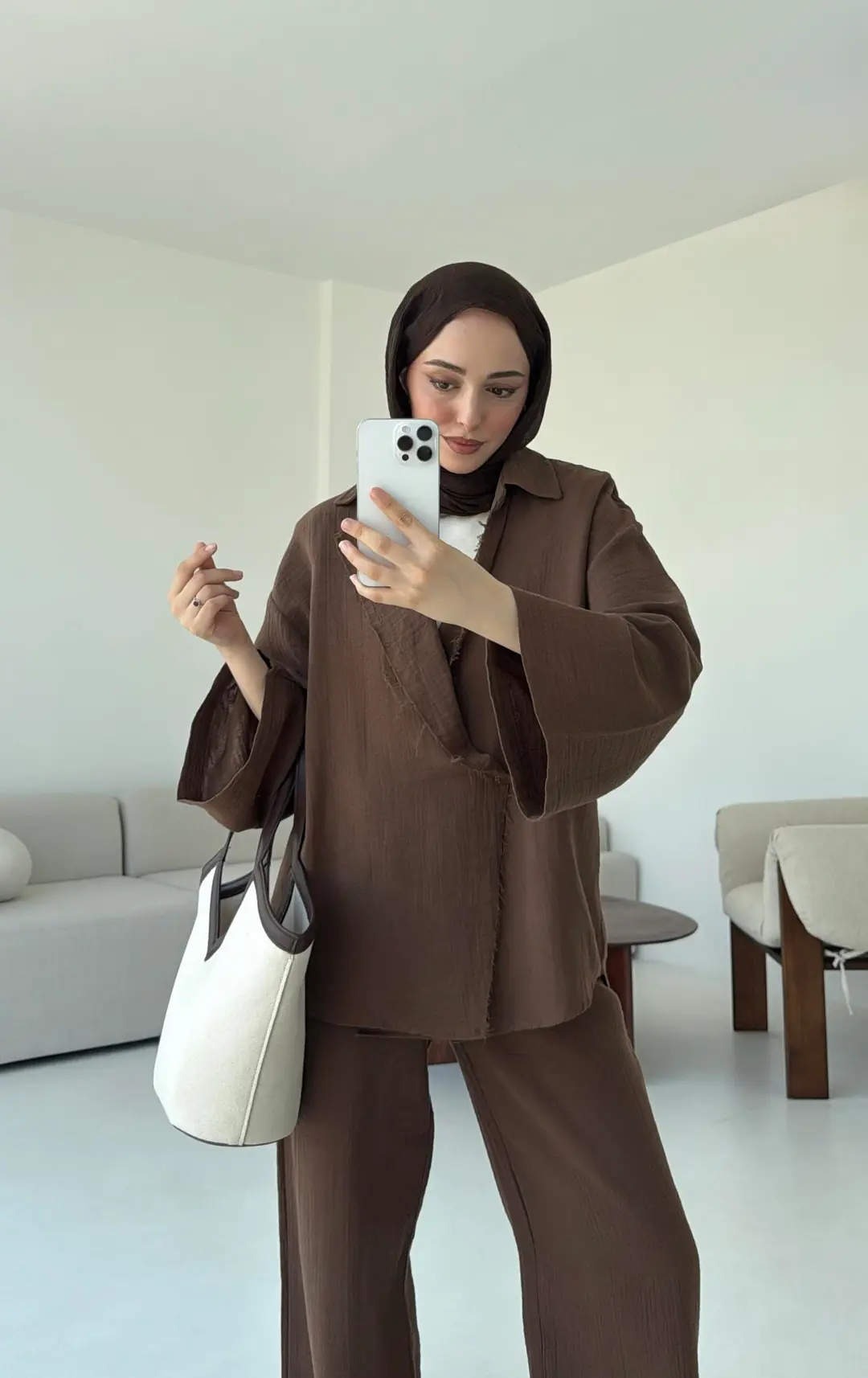 Müslin Düğmeli Kimono Takım Kahve - Görsel 2