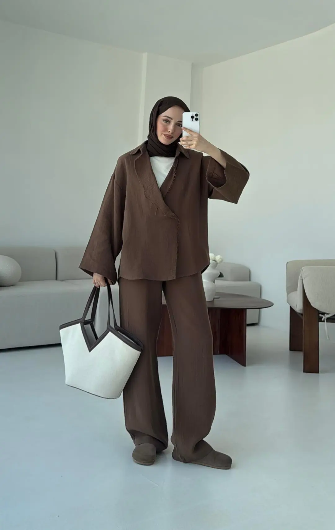 Müslin Düğmeli Kimono Takım Kahve - Görsel 3