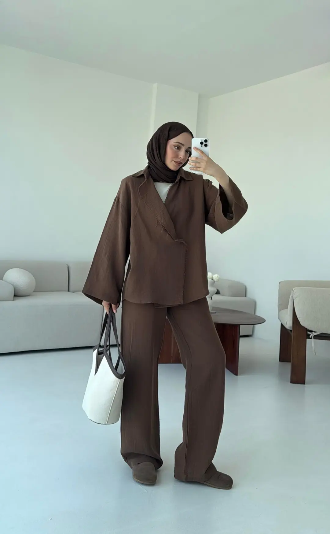 Müslin Düğmeli Kimono Takım Kahve - Görsel 4