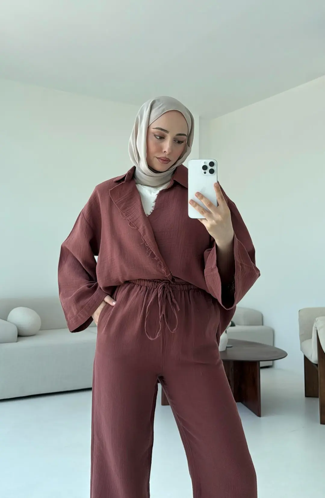 Müslin Düğmeli Kimono Takım Kiremit