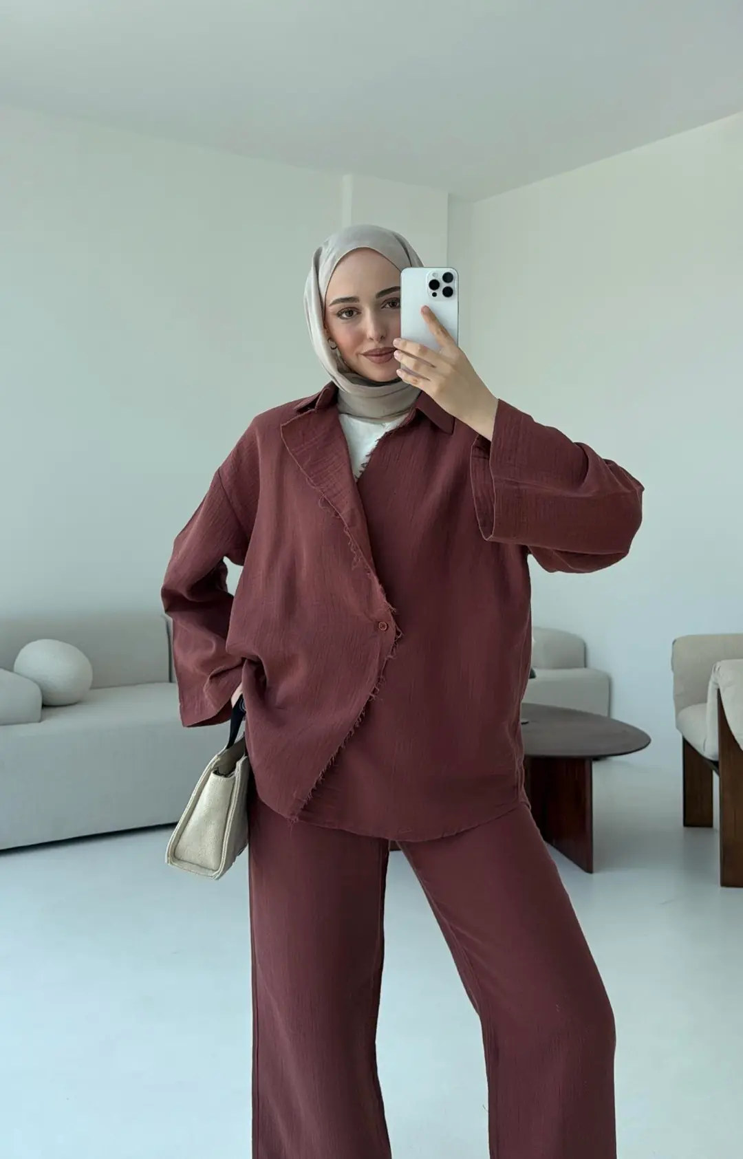 Müslin Düğmeli Kimono Takım Kiremit - Görsel 3