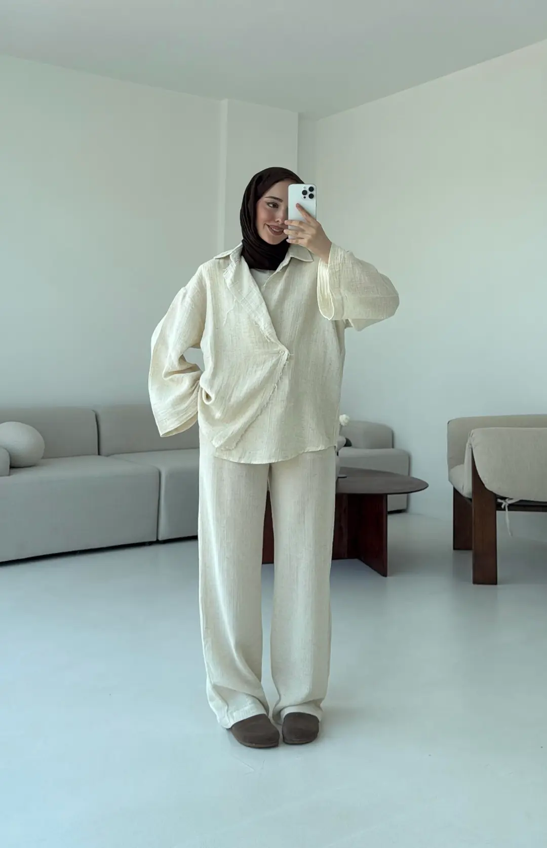 Müslin Düğmeli Kimono Takım Naturel - Görsel 2