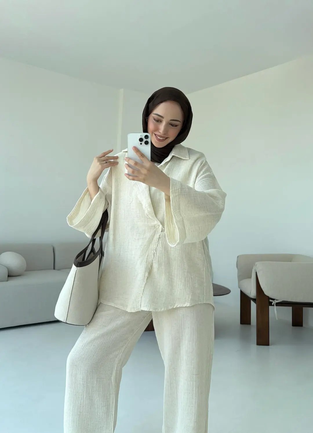 Müslin Düğmeli Kimono Takım Naturel - Görsel 4