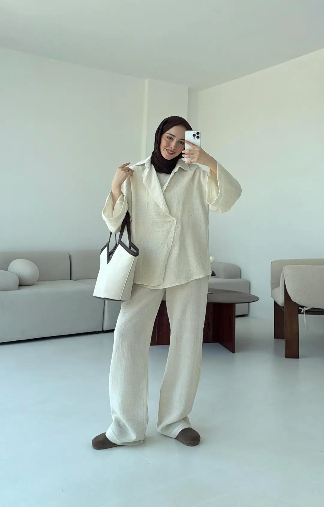 Müslin Düğmeli Kimono Takım Naturel - Görsel 6