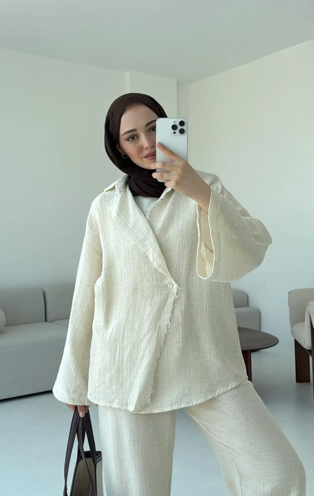 Müslin Düğmeli Kimono Takım Naturel - Görsel 8