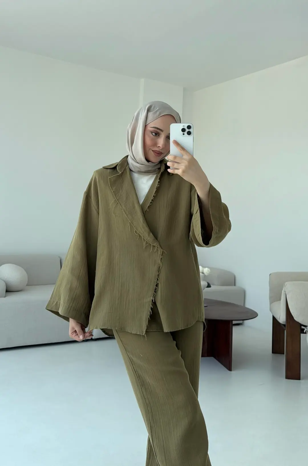 Müslin Düğmeli Kimono Takım Yeşil - Görsel 3