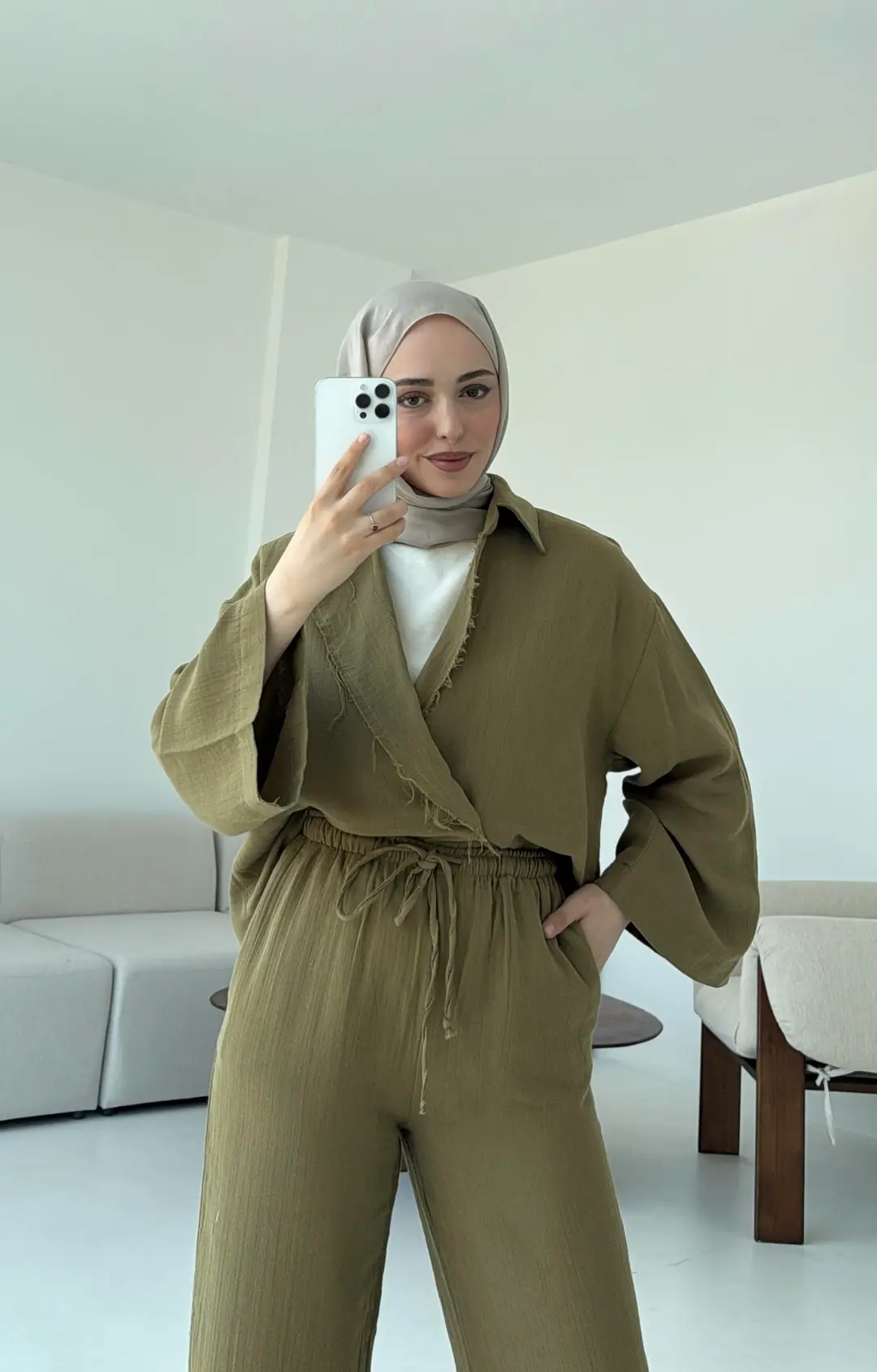 Müslin Düğmeli Kimono Takım Yeşil - Görsel 5