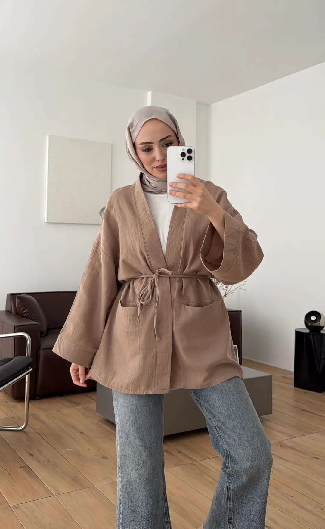 Müslin Kimono Koyu Bej - Görsel 2