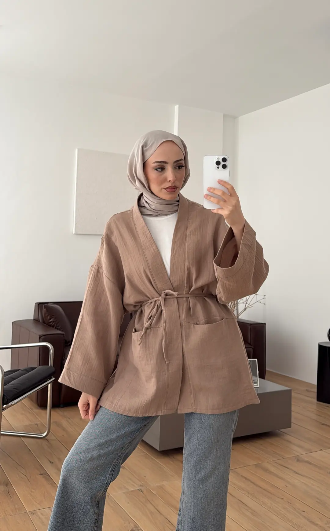 Müslin Kimono Koyu Bej - Görsel 4