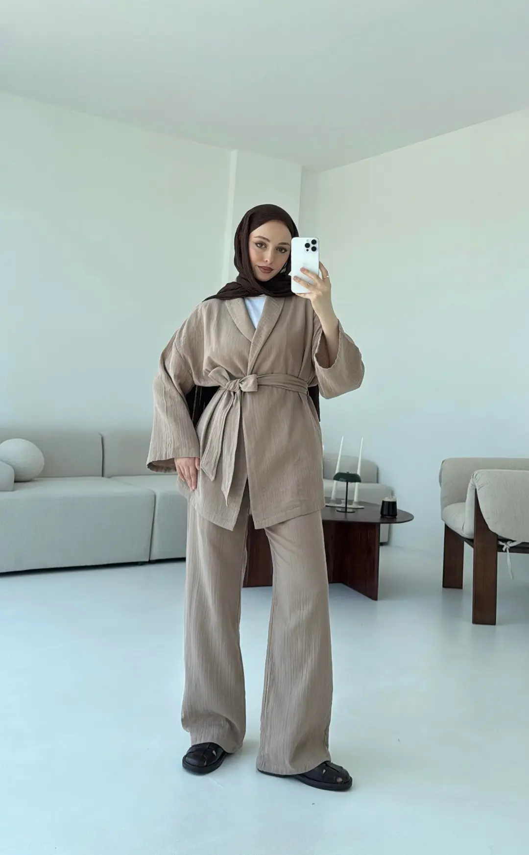 Müslin Kimonolu Takım Bej - Görsel 3