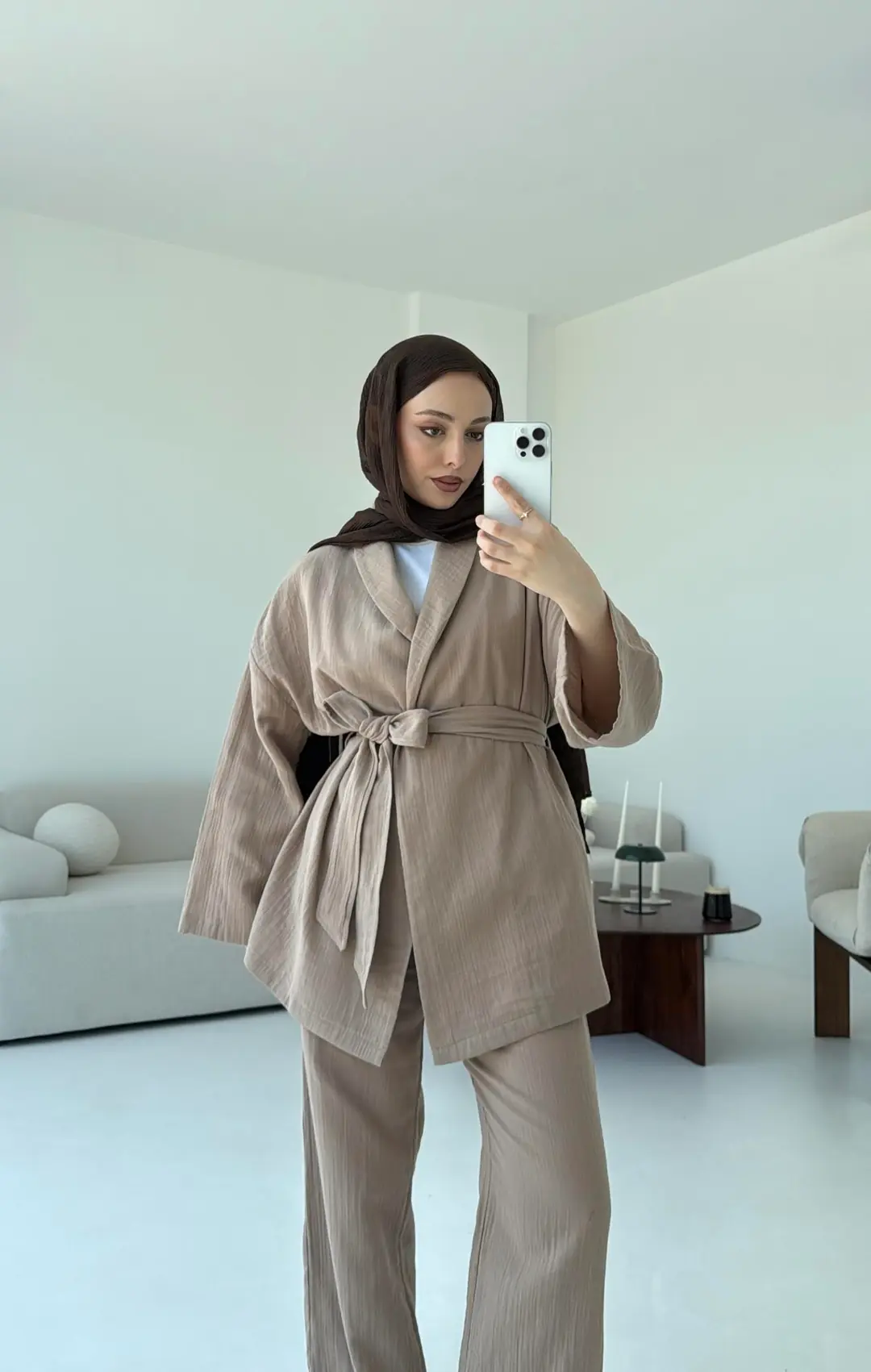 Müslin Kimonolu Takım Bej - Görsel 5