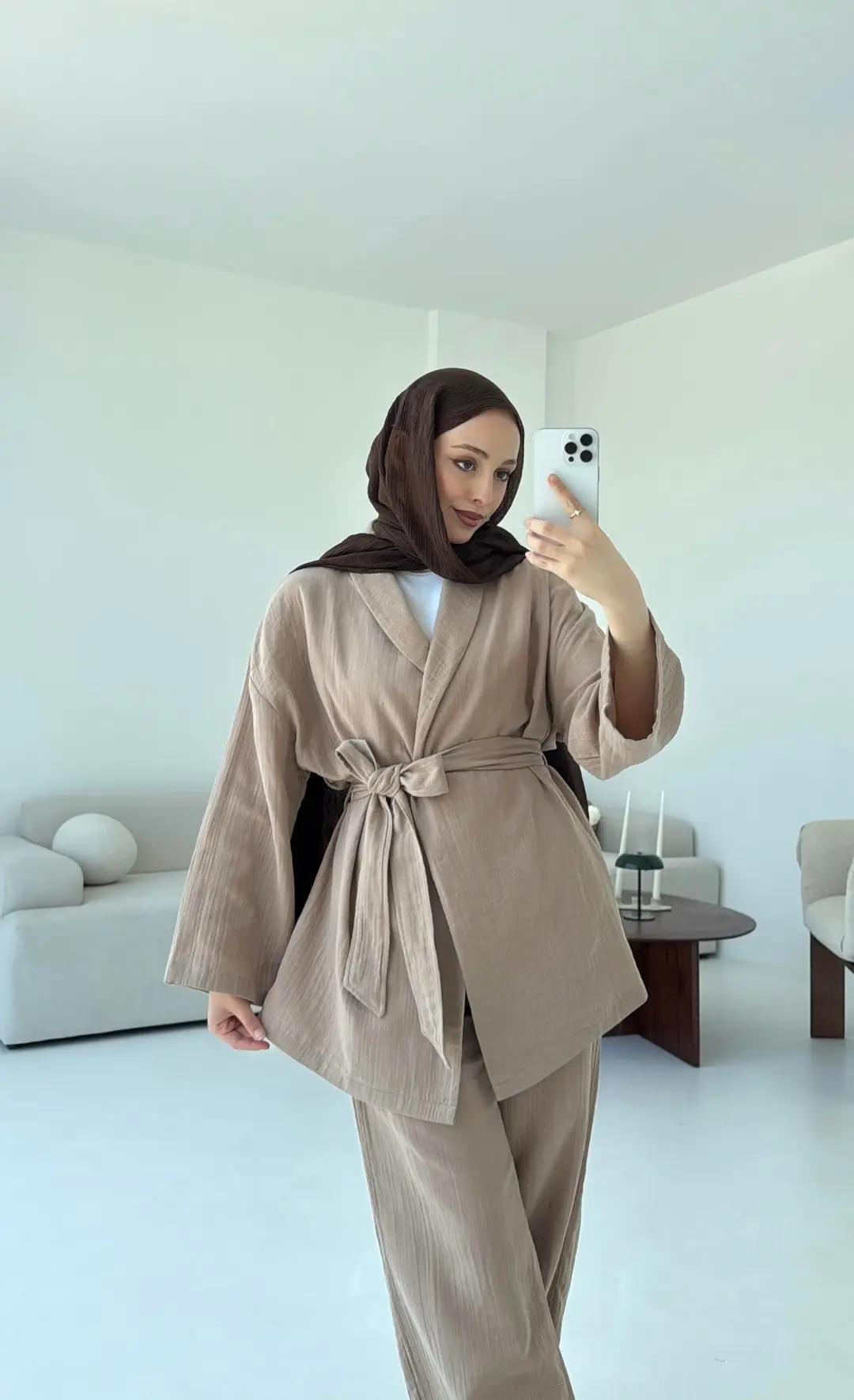 Müslin Kimonolu Takım Bej - Görsel 6