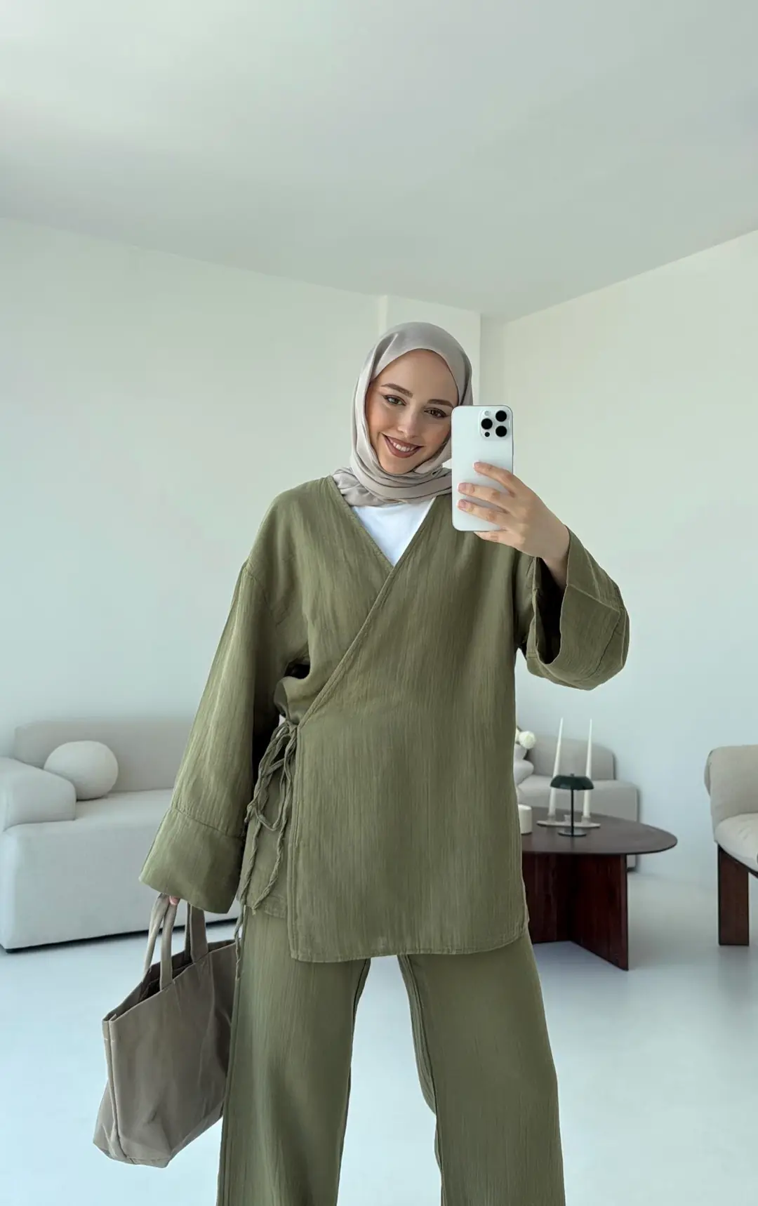 Müslin Yandan Baglamalı Takım Haki - Görsel 2