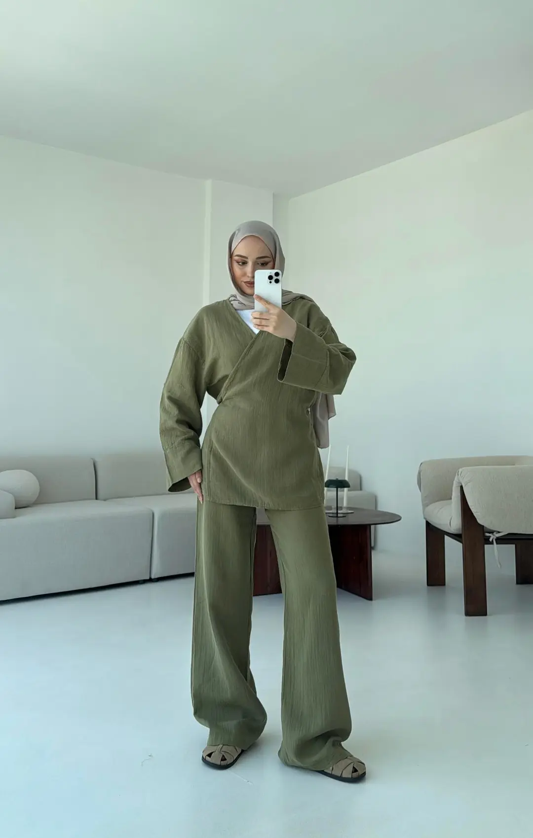 Müslin Yandan Baglamalı Takım Haki - Görsel 6