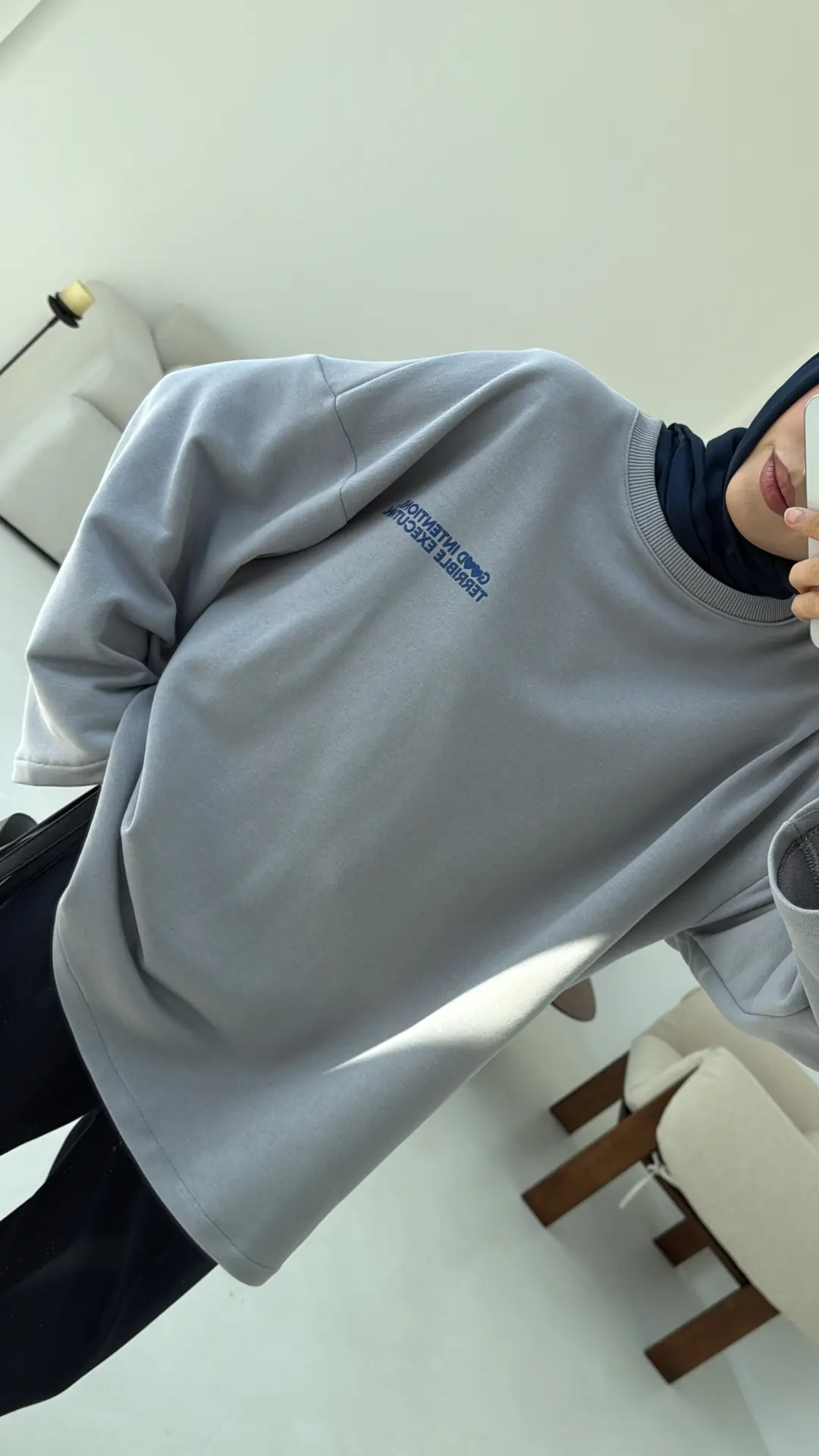 Nakışlı Oversize Sweatshirt Gri - Görsel 8