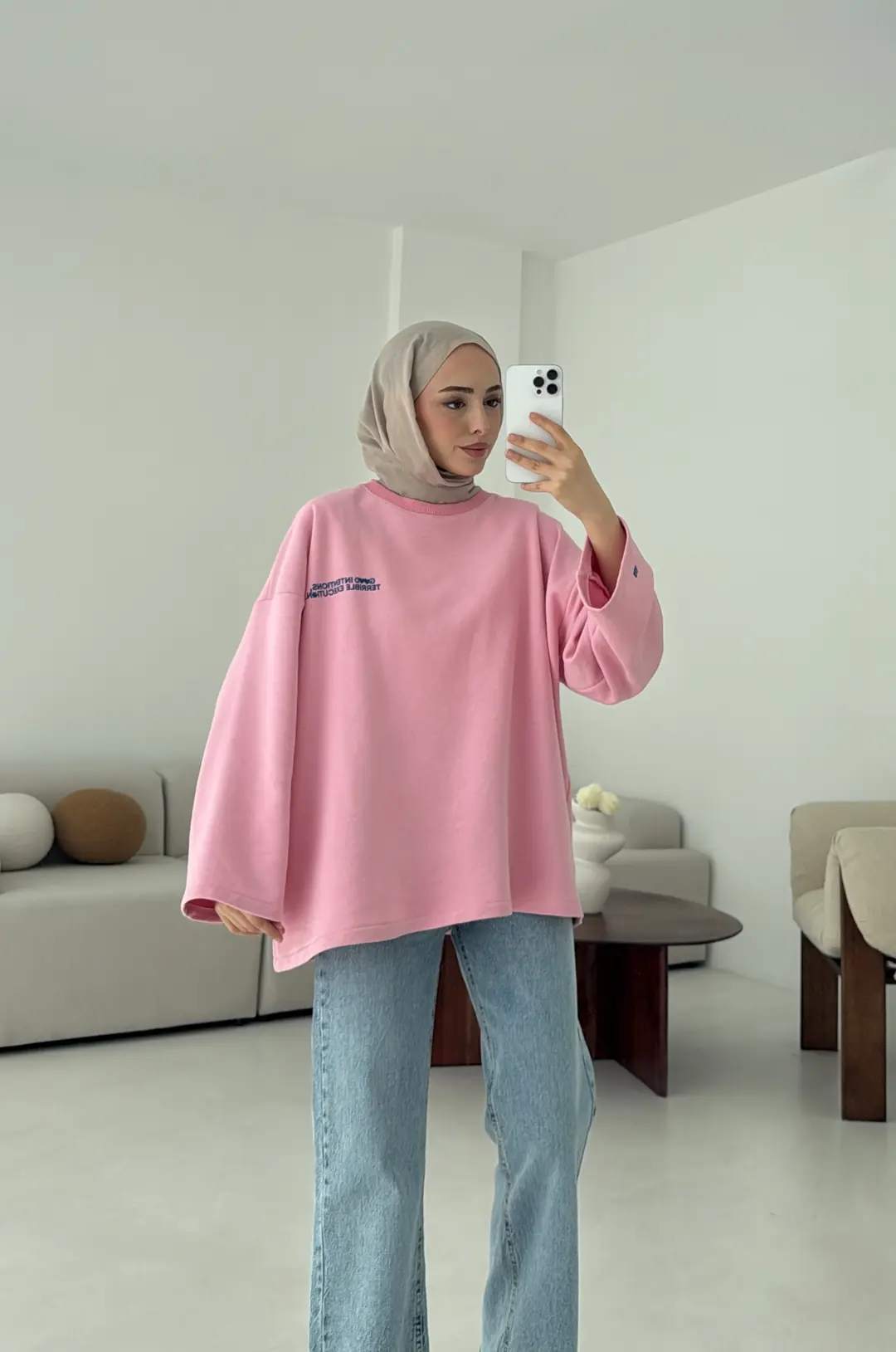 Nakışlı Oversize Sweatshirt Pembe - Görsel 2