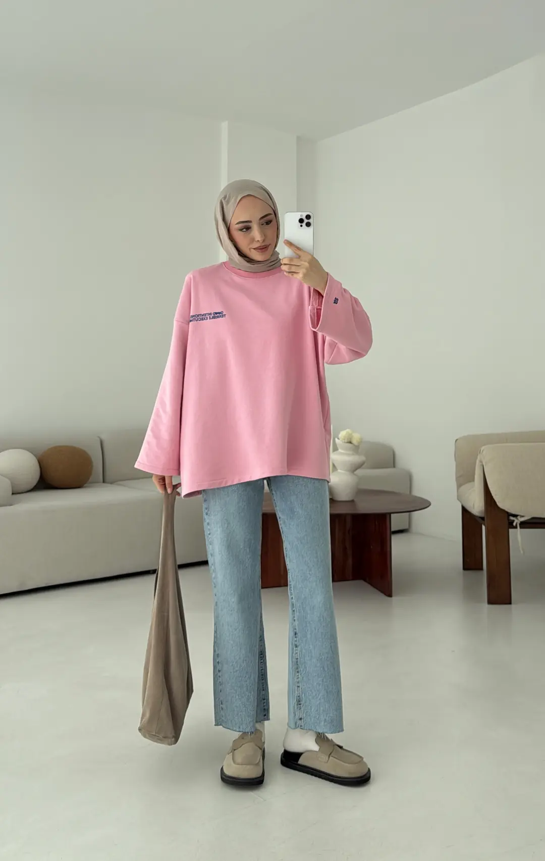 Nakışlı Oversize Sweatshirt Pembe - Görsel 3