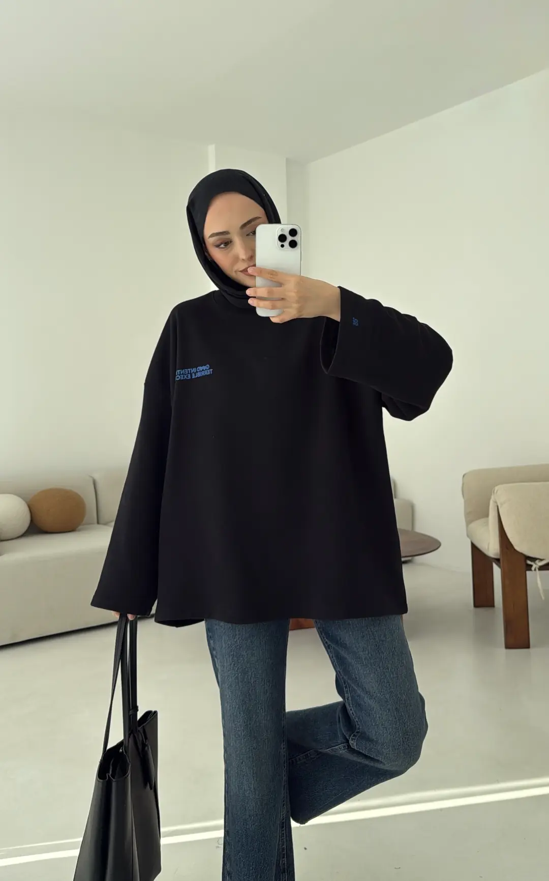 Nakışlı Oversize Sweatshirt Siyah - Görsel 5