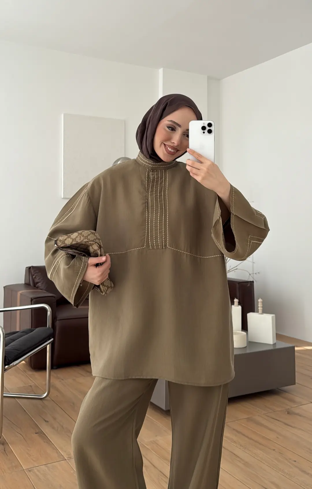 Nakışlı Tencel Takım Haki - Görsel 4