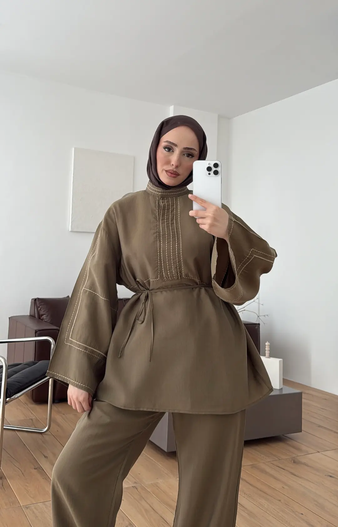 Nakışlı Tencel Takım Haki - Görsel 8