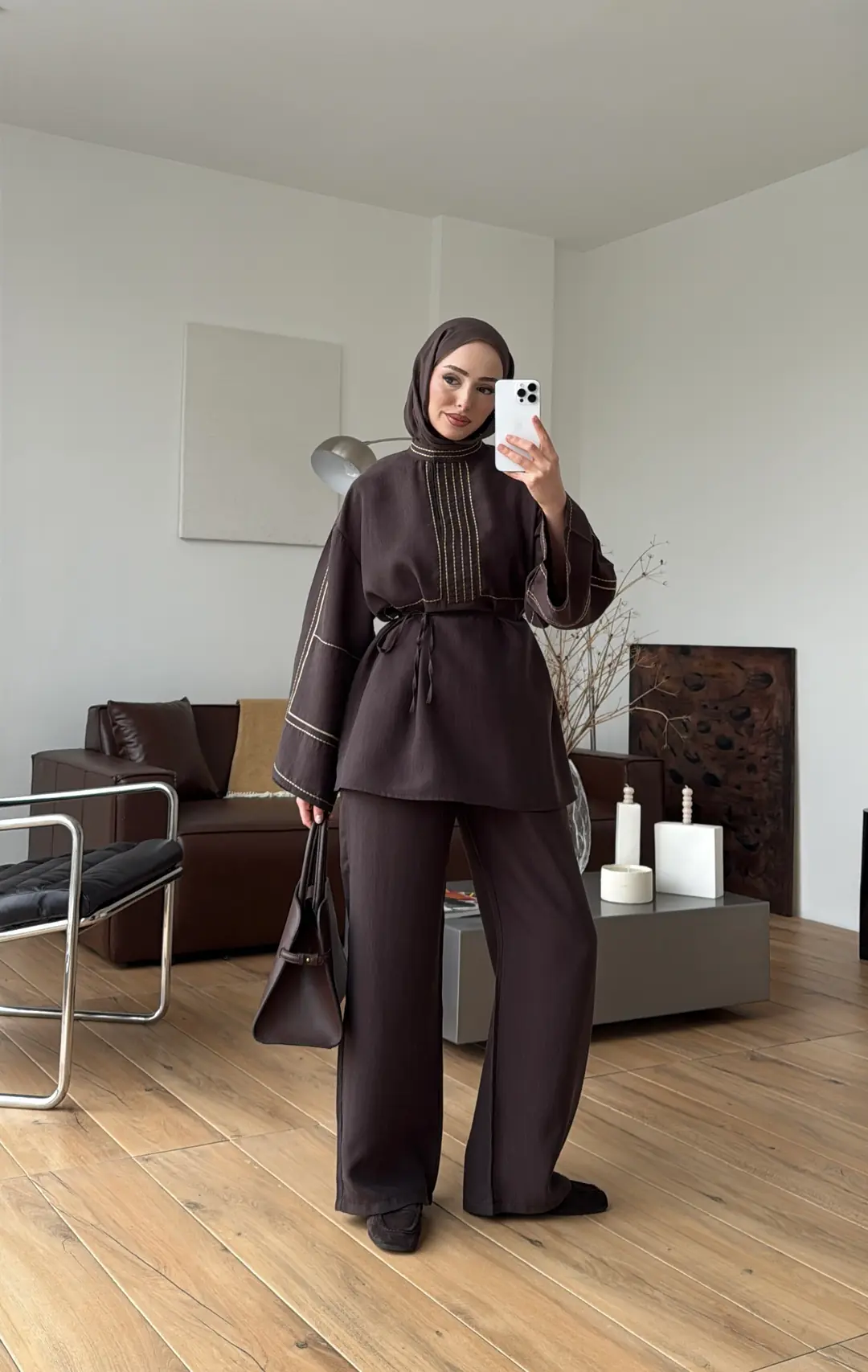 Nakışlı Tencel Takım Kahve