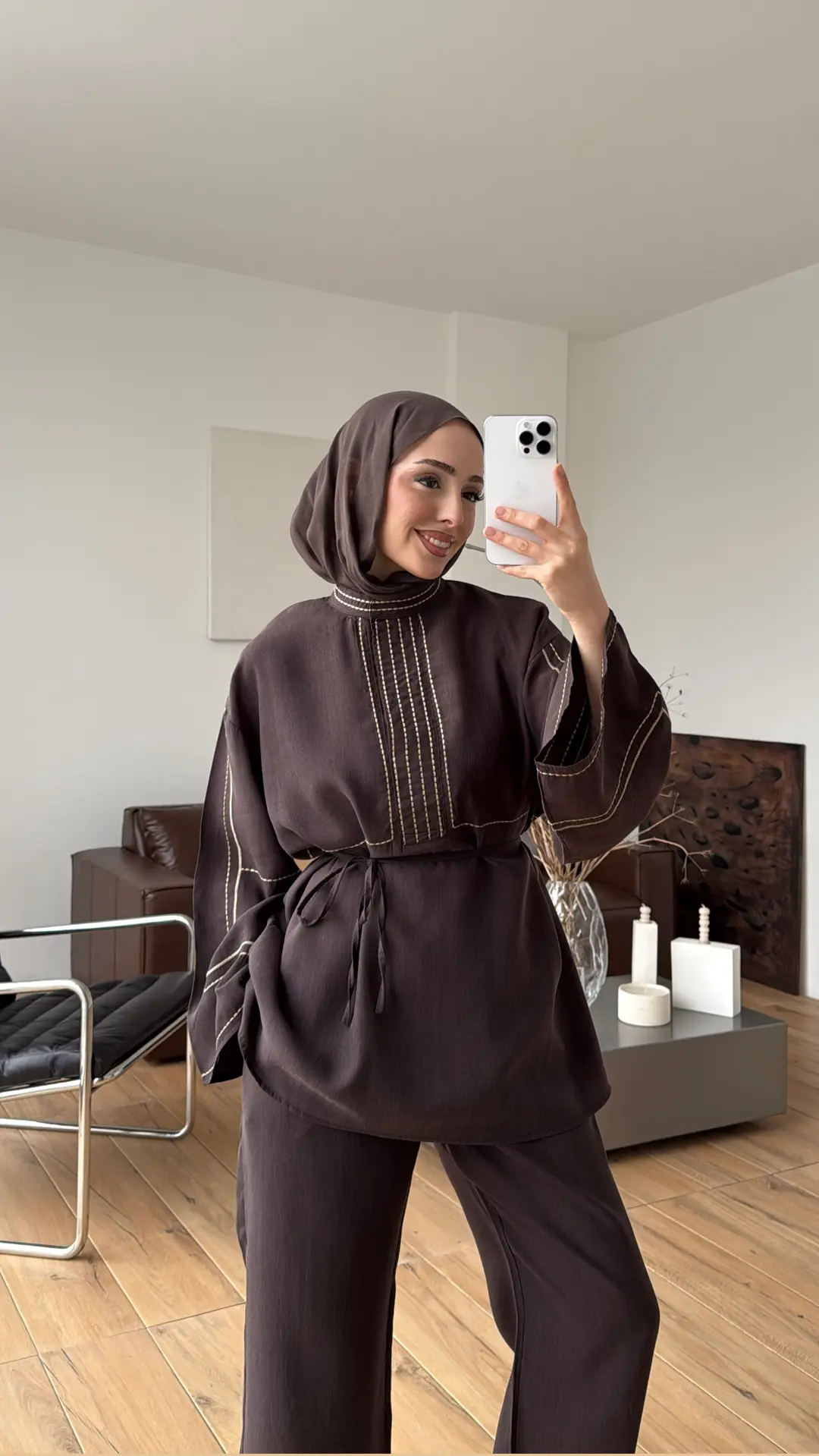 Nakışlı Tencel Takım Kahve - Görsel 2