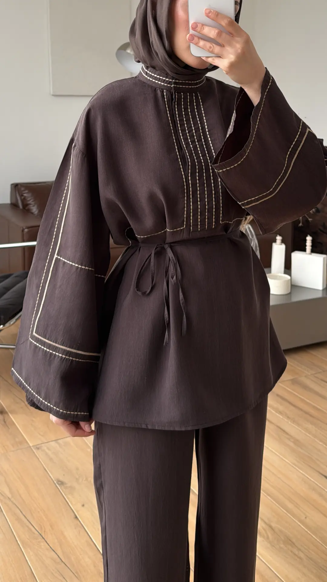 Nakışlı Tencel Takım Kahve - Görsel 4