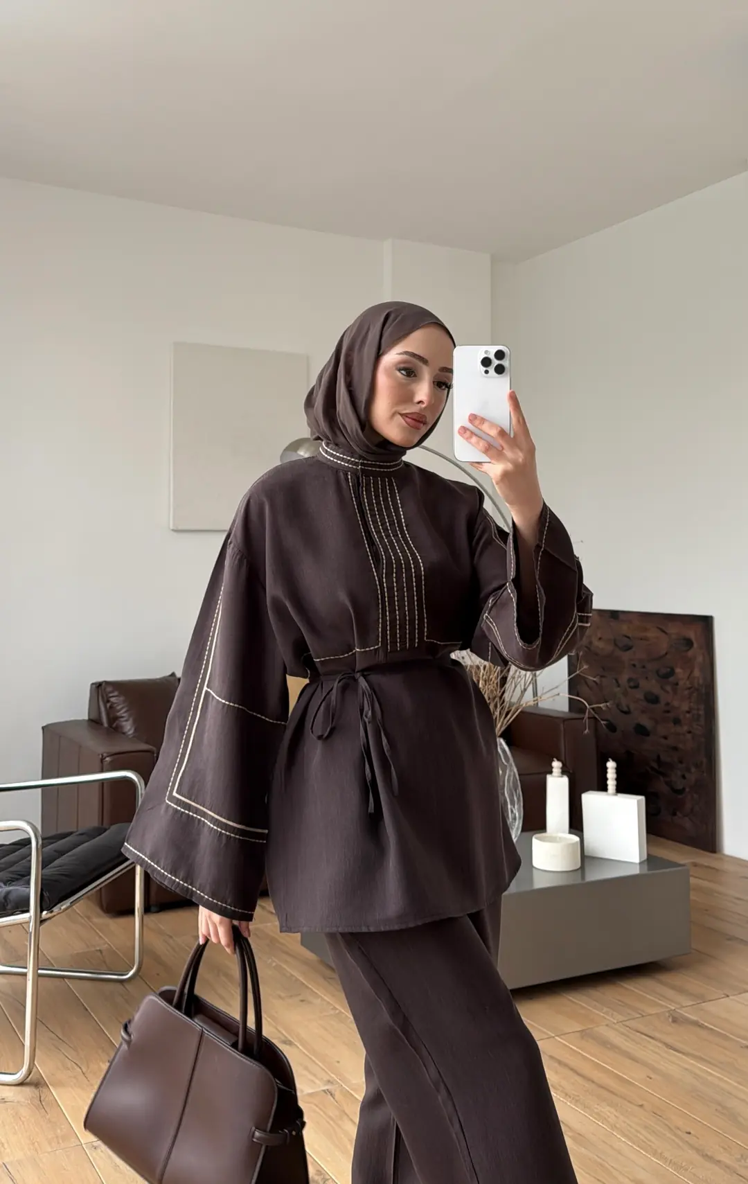 Nakışlı Tencel Takım Kahve - Görsel 6