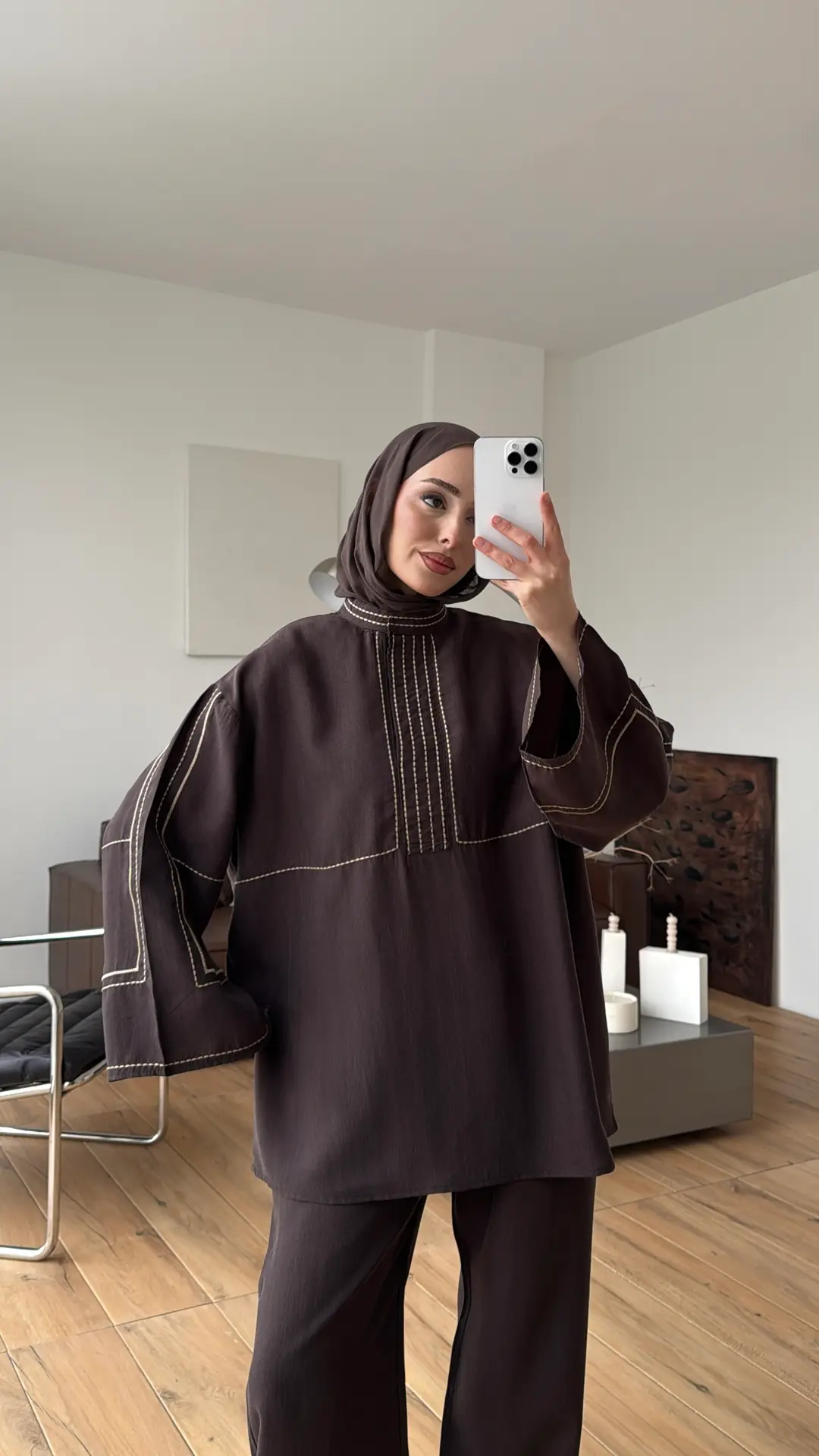 Nakışlı Tencel Takım Kahve - Görsel 8