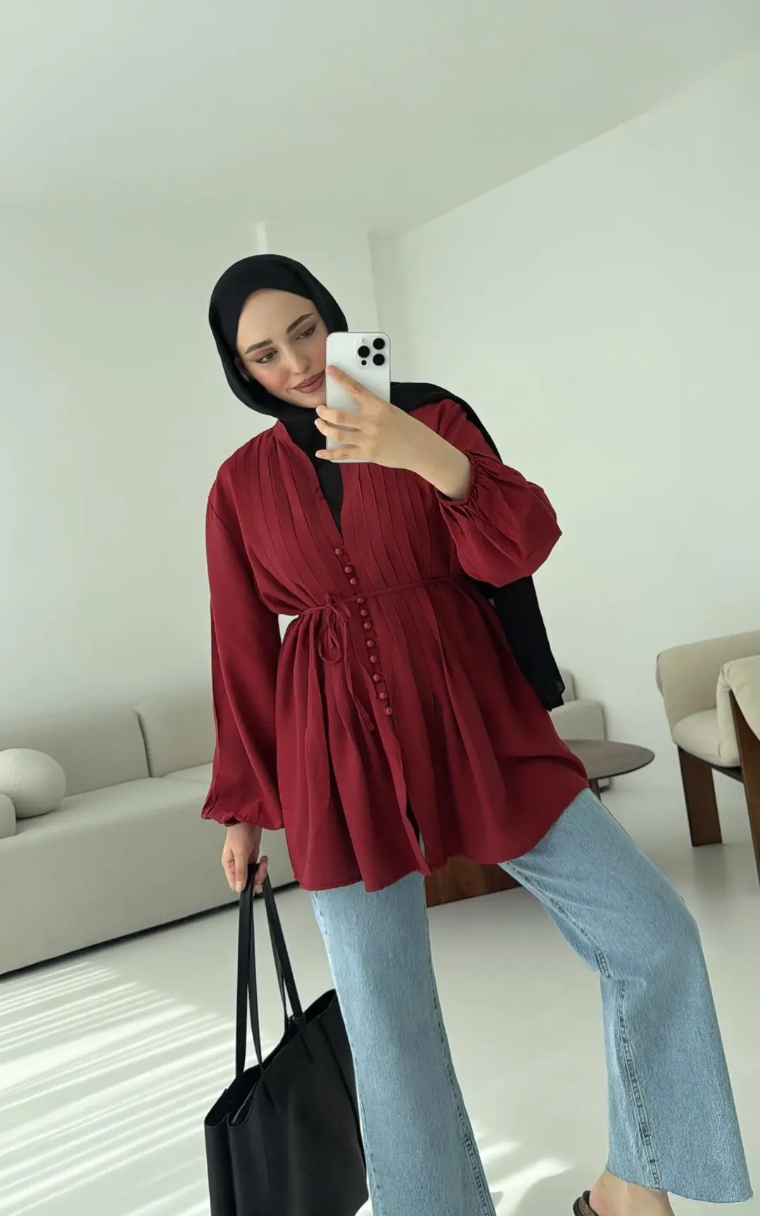 Nervürlü Gömlek Bordo - Görsel 3