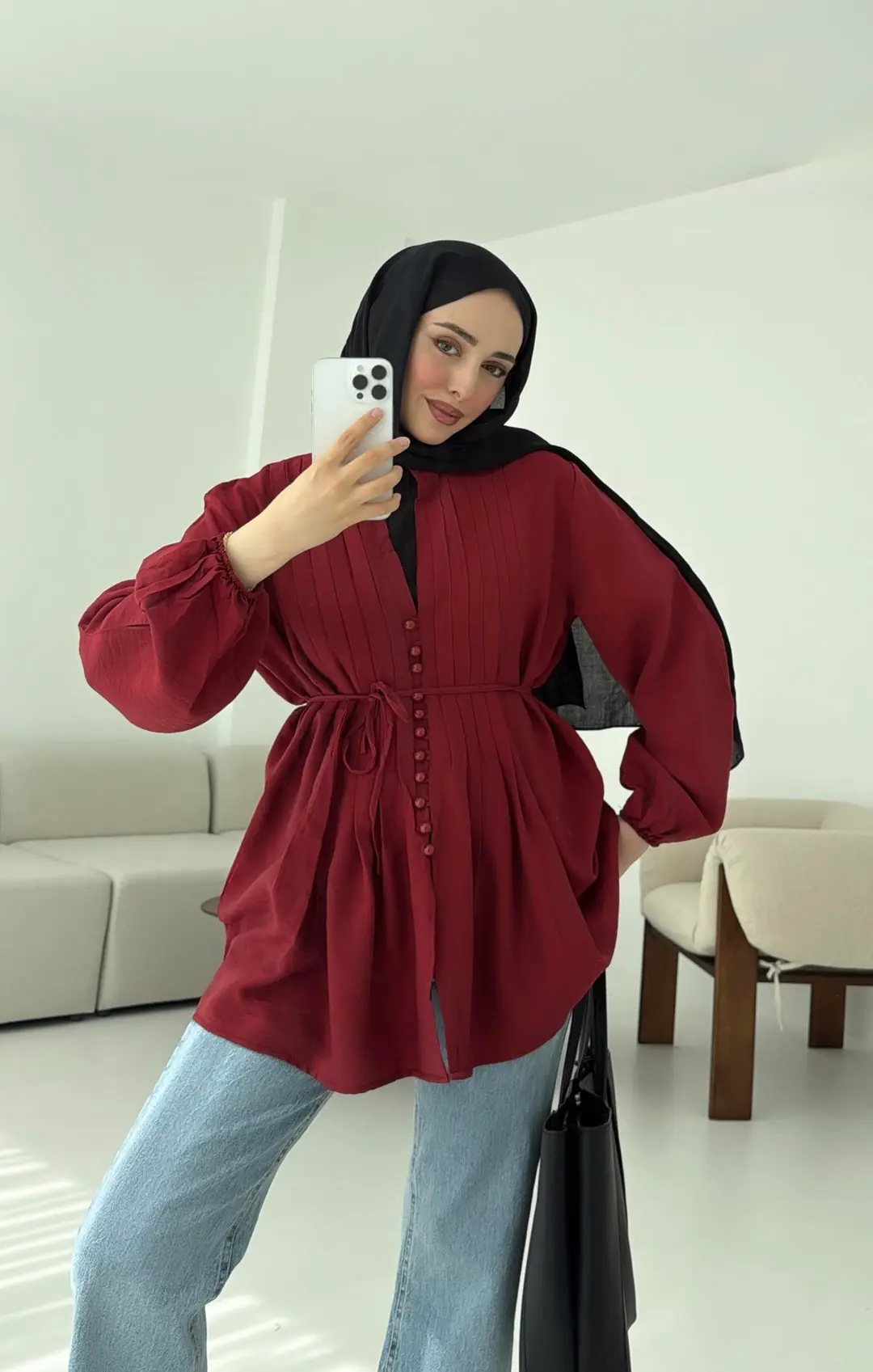 Nervürlü Gömlek Bordo - Görsel 5