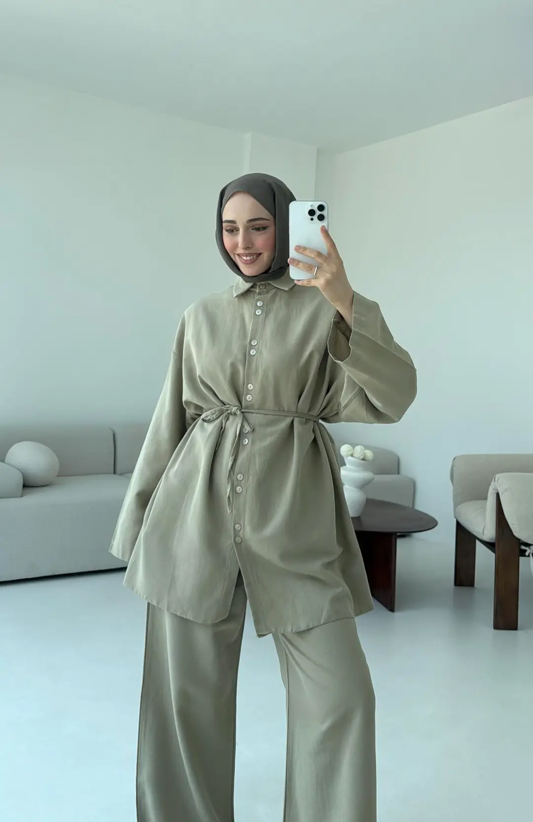 Oversize Keten Gömlek Takım Haki