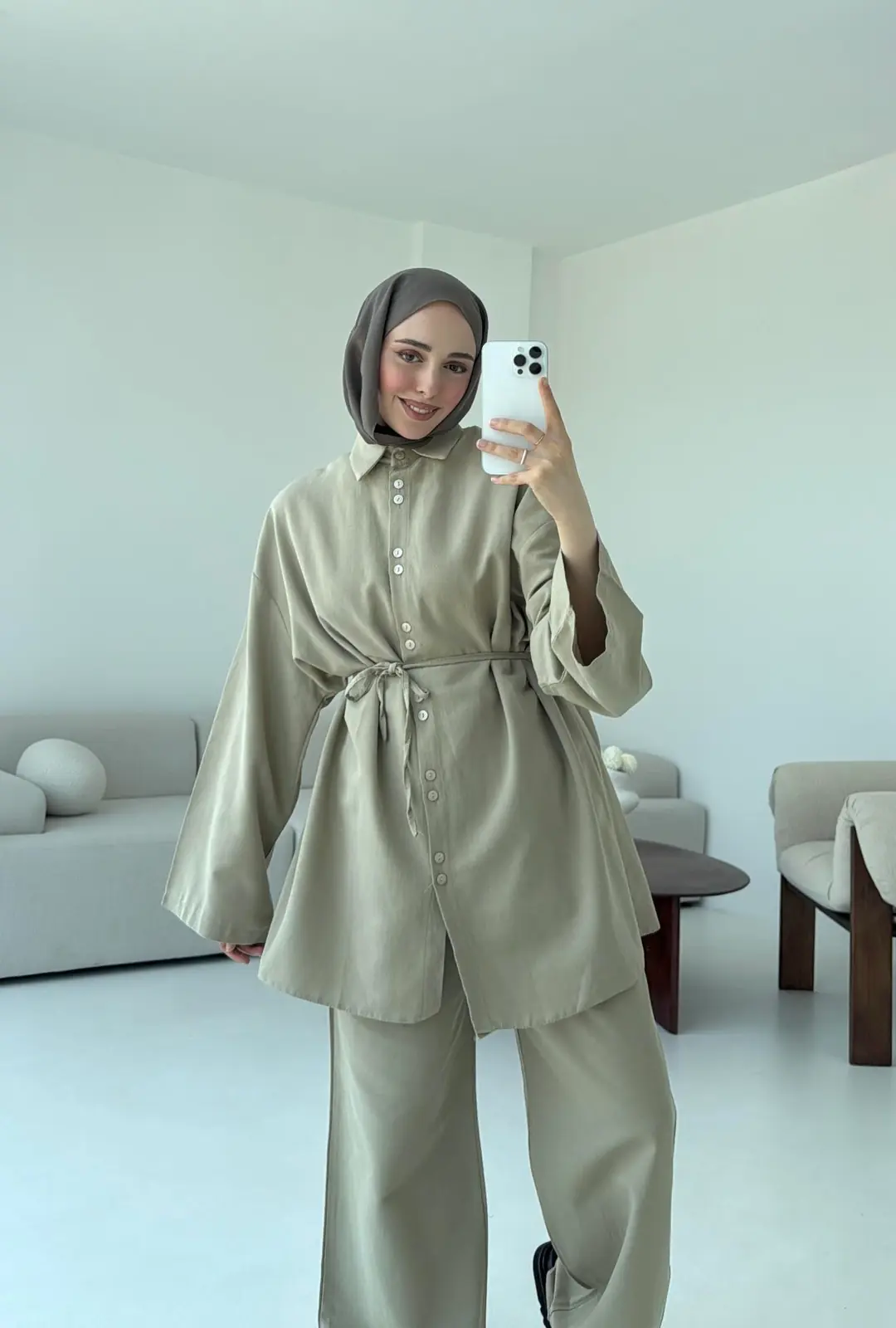 Oversize Keten Gömlek Takım Haki - Görsel 2