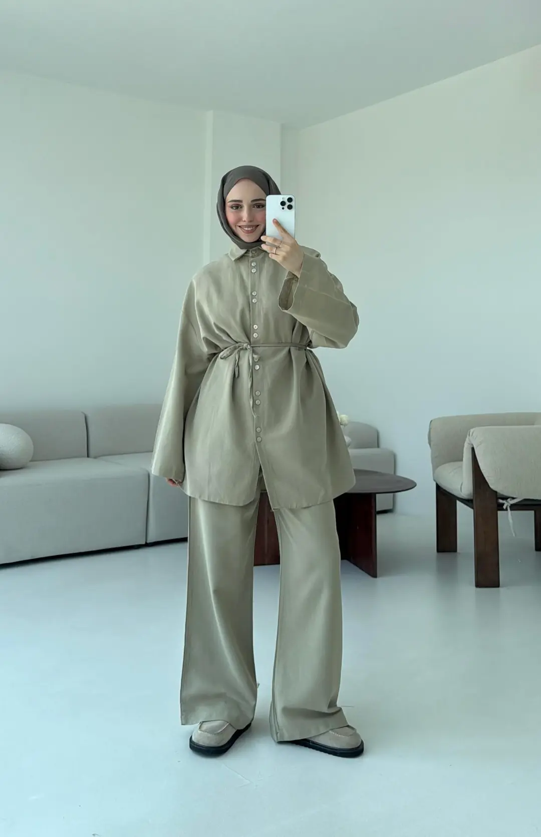 Oversize Keten Gömlek Takım Haki - Görsel 4