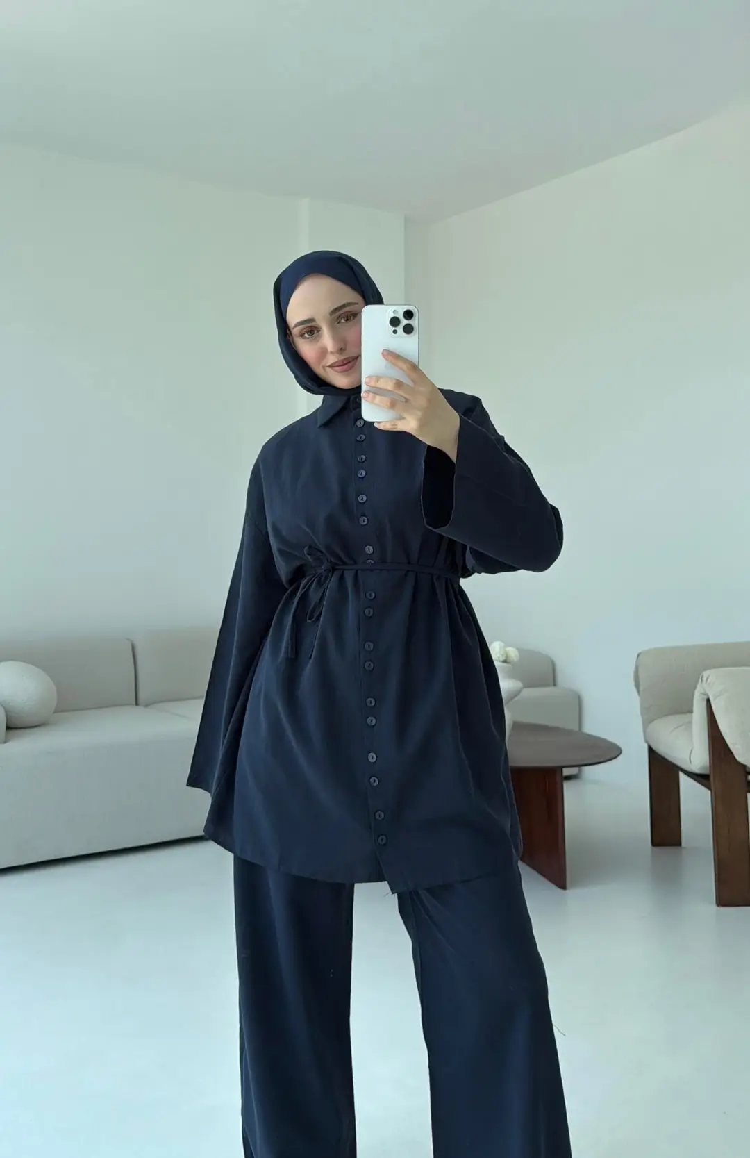 Oversize Keten Gömlek Takım Lacivert