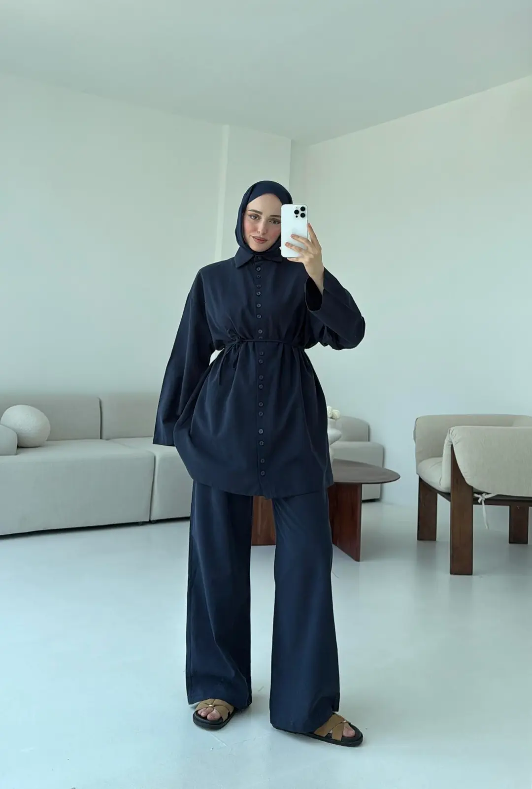 Oversize Keten Gömlek Takım Lacivert - Görsel 3