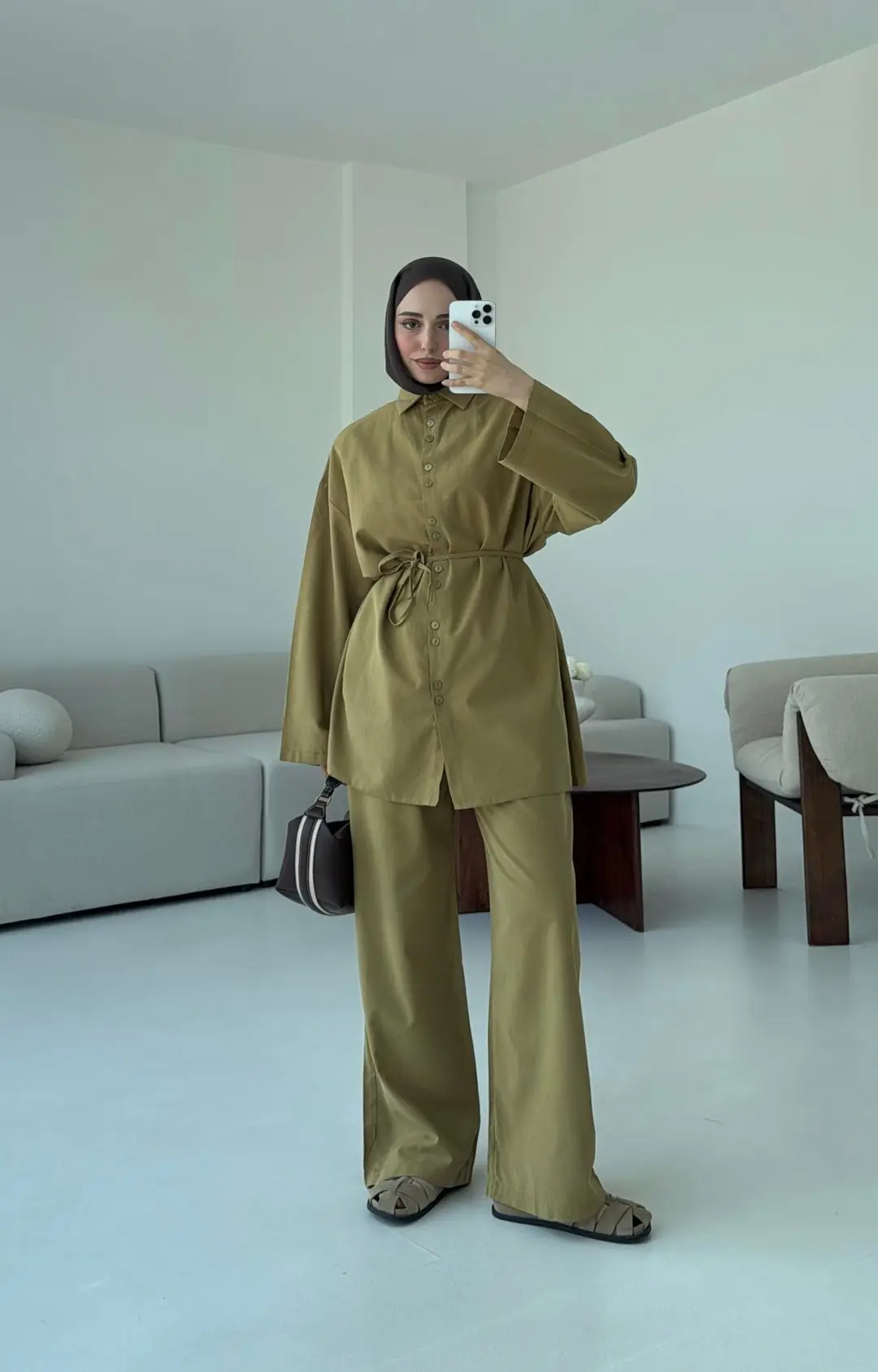 Oversize Keten Gömlek Takım Olive