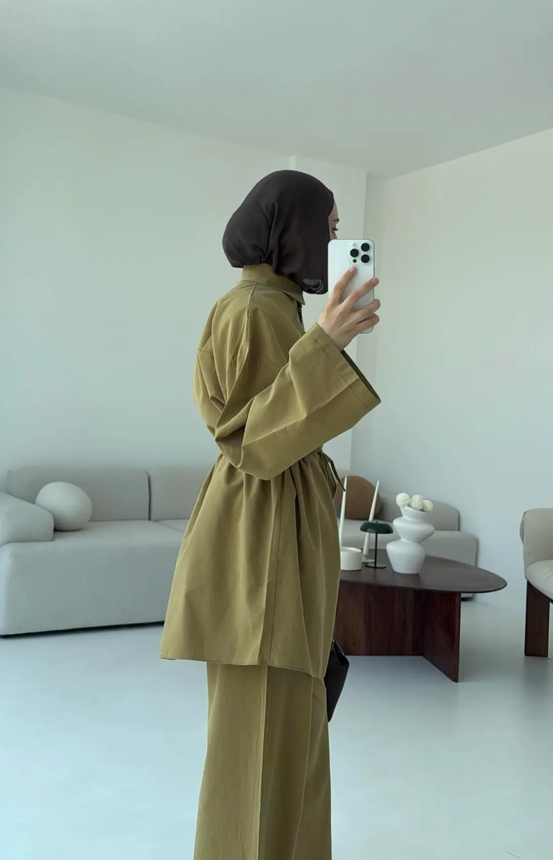 Oversize Keten Gömlek Takım Olive - Görsel 2