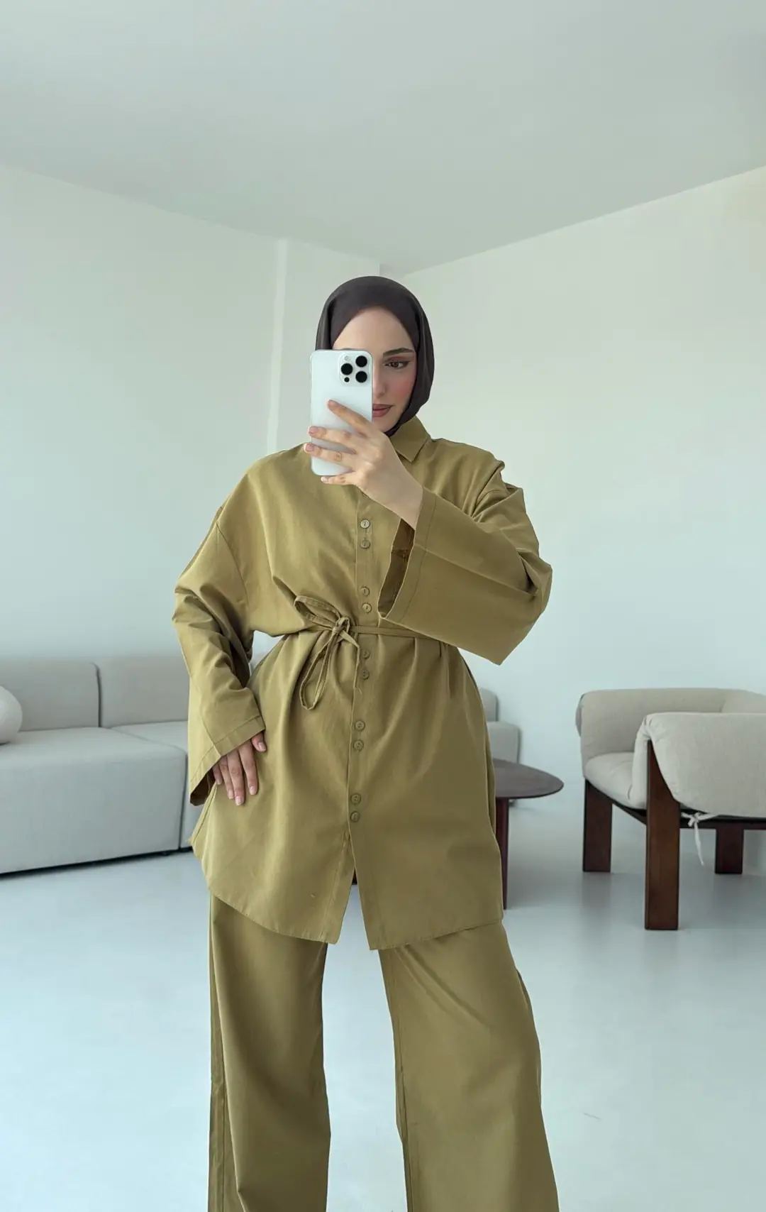 Oversize Keten Gömlek Takım Olive - Görsel 3