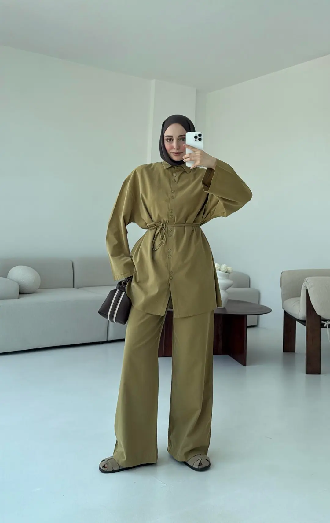 Oversize Keten Gömlek Takım Olive - Görsel 4