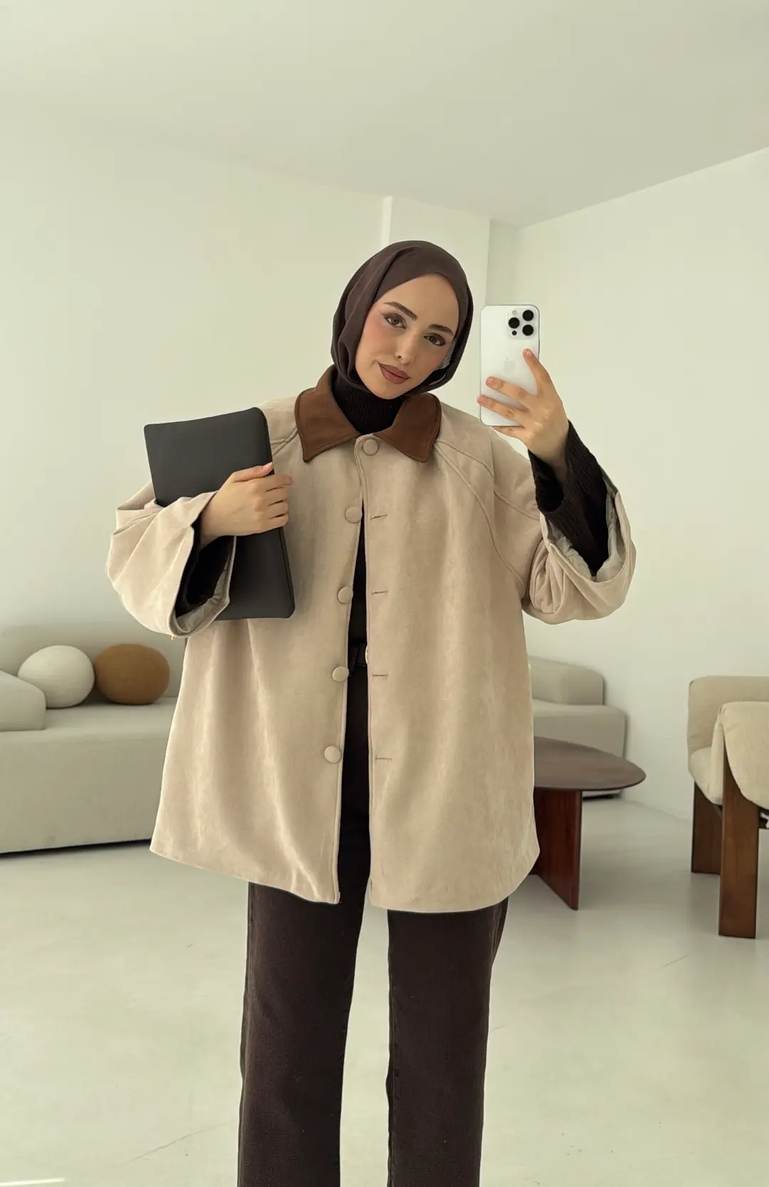 Nubuk Kontrast Yaka Ceket Bej - Görsel 5