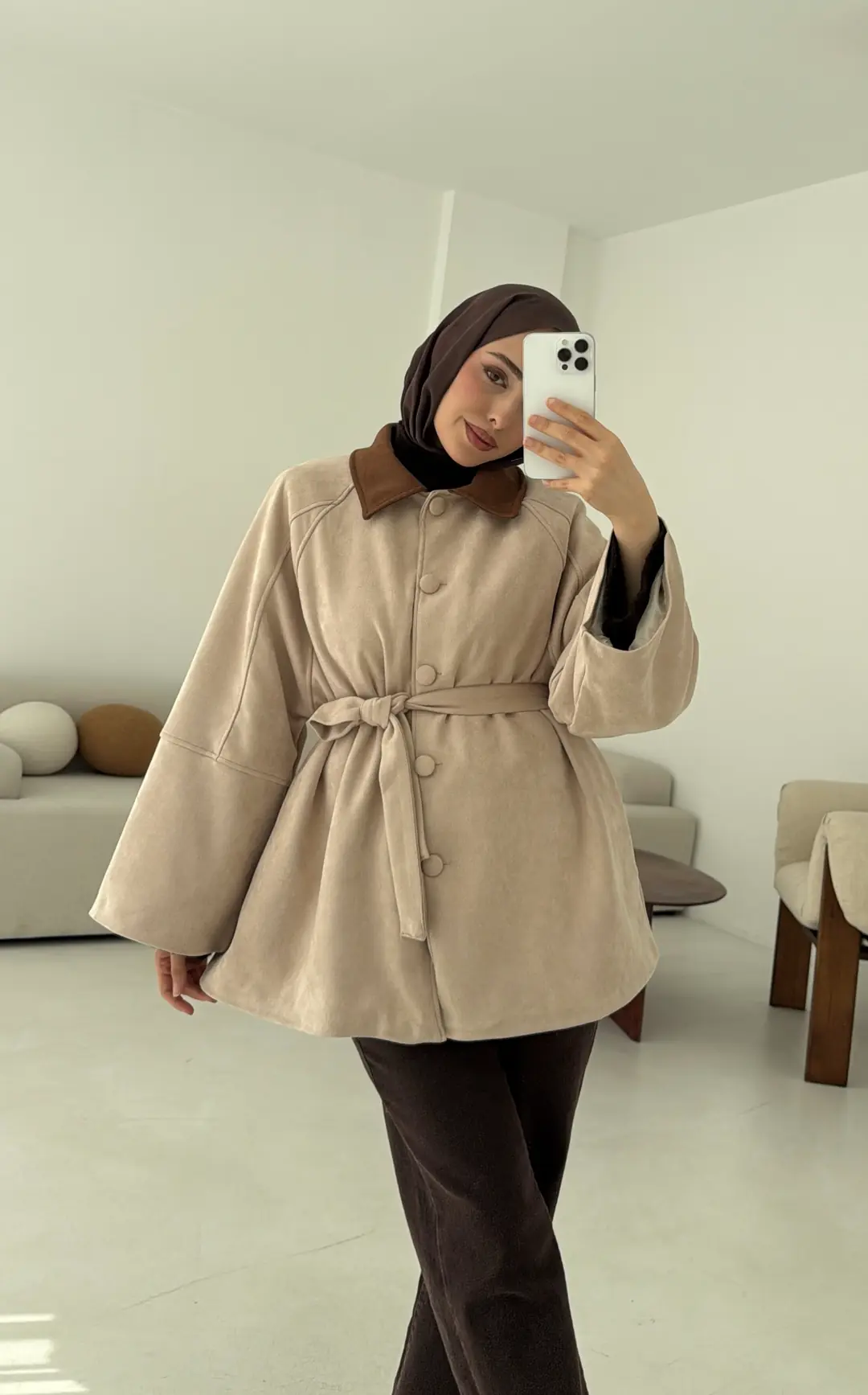 Nubuk Kontrast Yaka Ceket Bej - Görsel 7