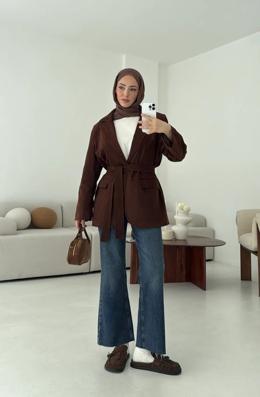 Nubuk Kuşaklı Ceket Kahve