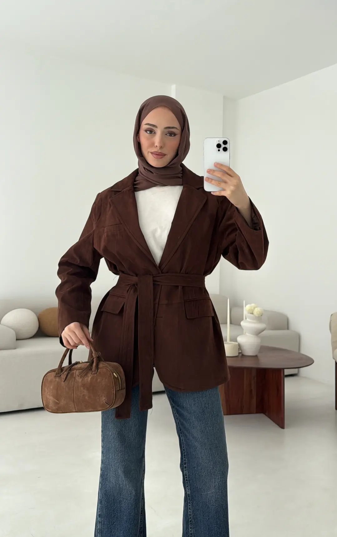 Nubuk Kuşaklı Ceket Kahve - Görsel 2