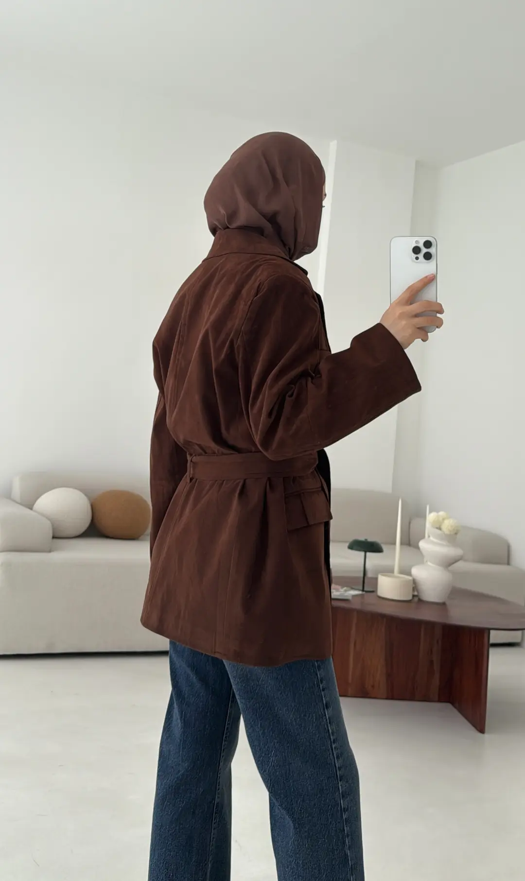 Nubuk Kuşaklı Ceket Kahve - Görsel 4