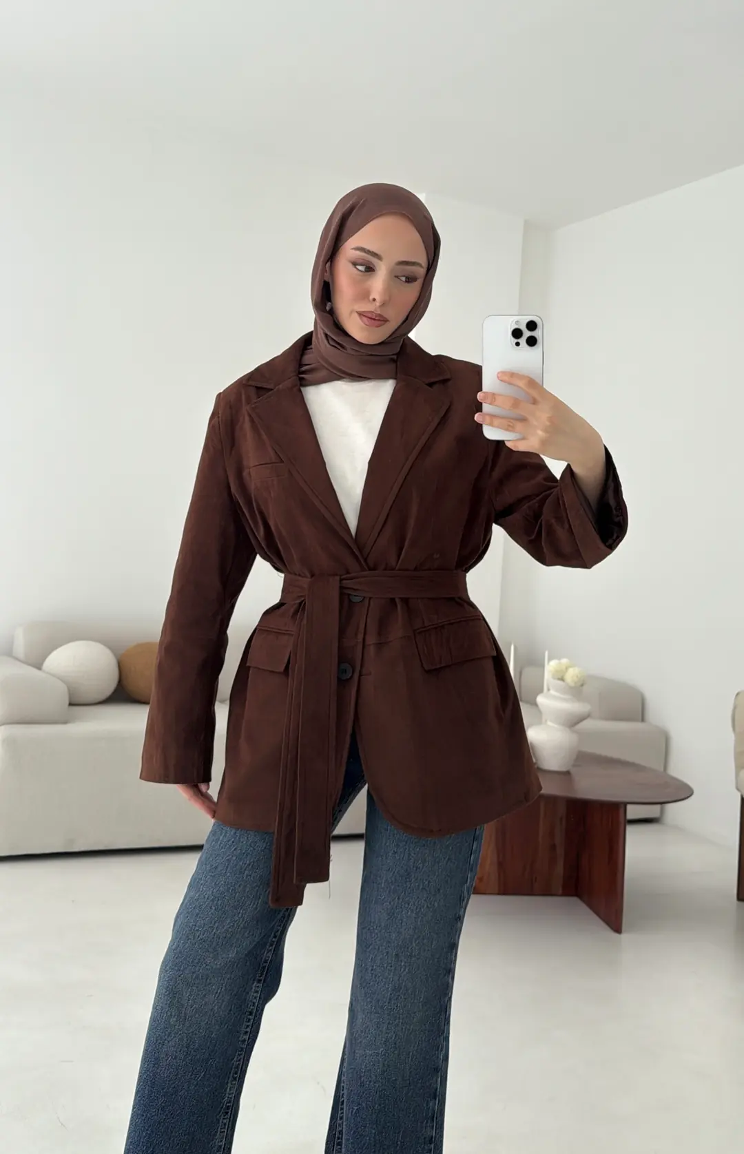 Nubuk Kuşaklı Ceket Kahve - Görsel 5