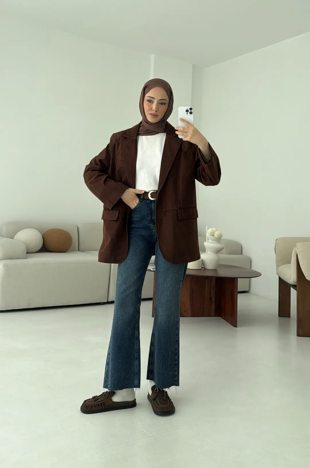 Nubuk Kuşaklı Ceket Kahve - Görsel 6