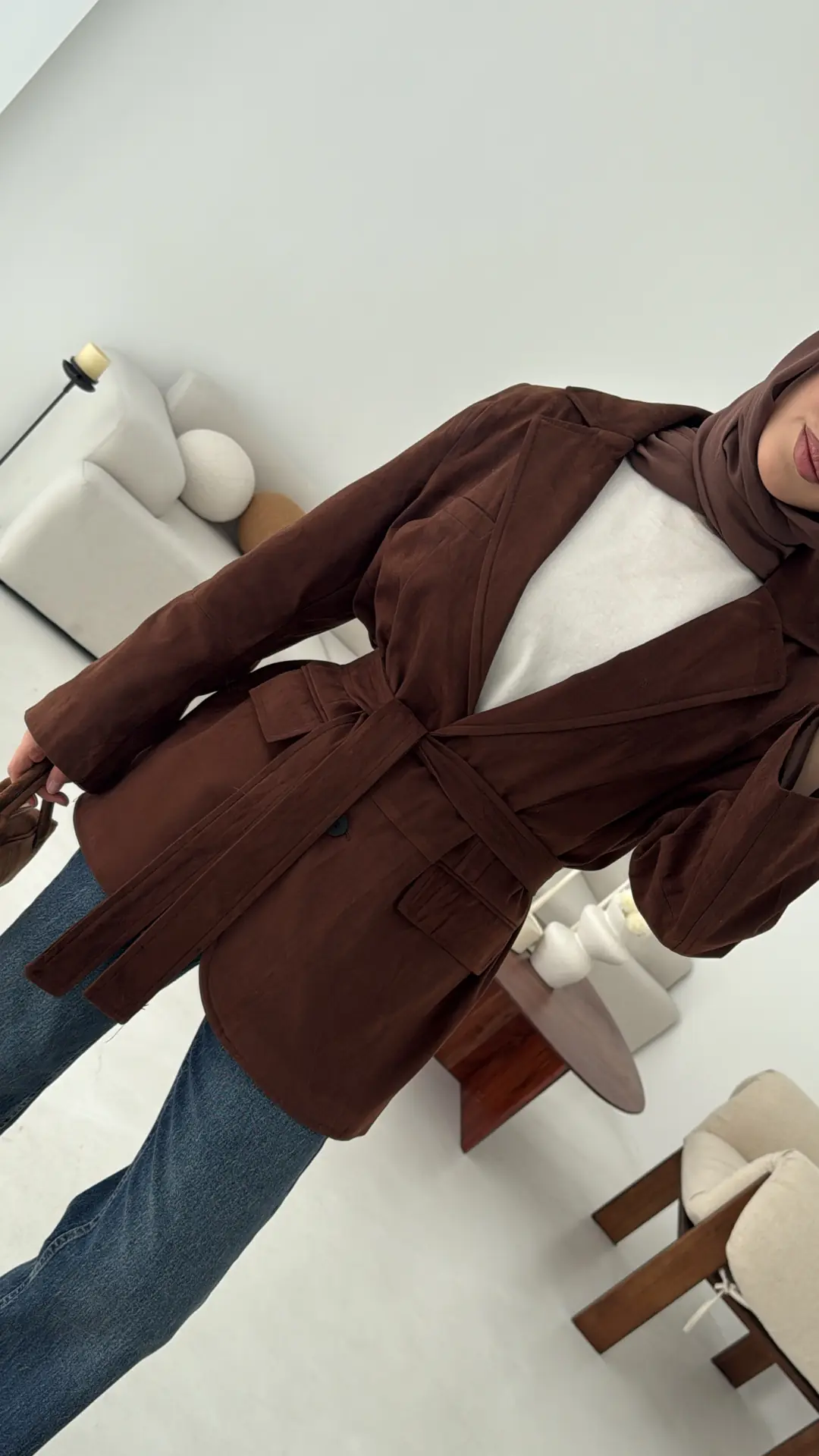 Nubuk Kuşaklı Ceket Kahve - Görsel 7