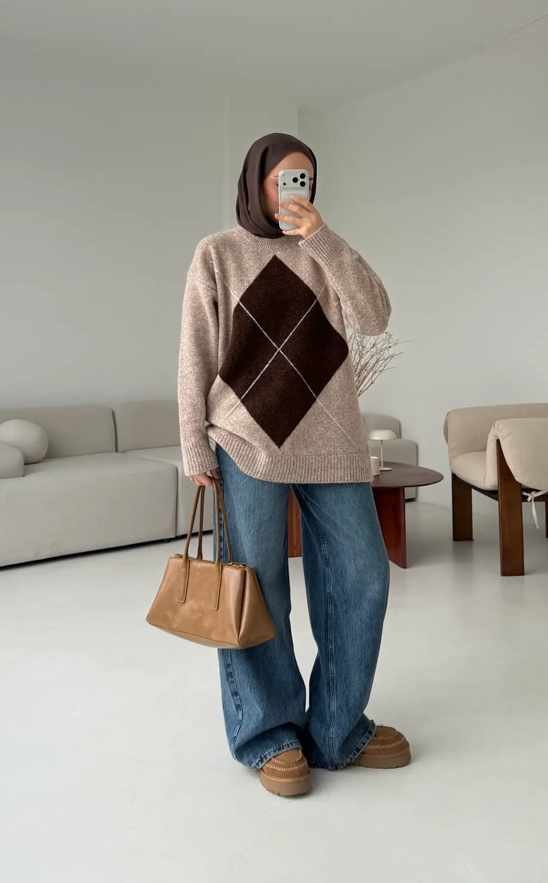 Önü Desenli Kazak Bej - Görsel 2