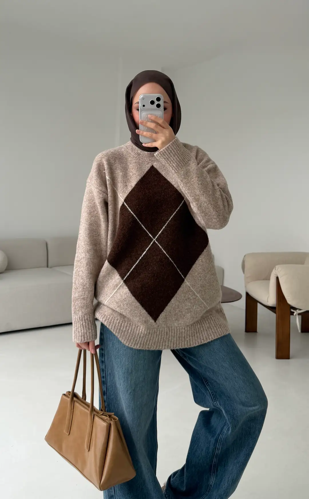 Önü Desenli Kazak Bej - Görsel 3